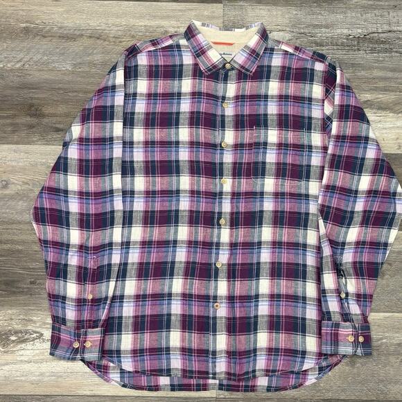 Tommy Bahama Madras Plaid Purple Mens XL 100% Linen Coastal Button-Up Shirt EUC - Picture 1 of 10